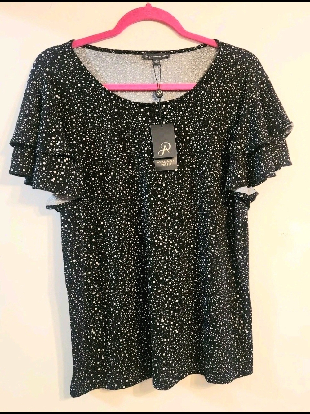 Adrianna Papell Black & White Speckled Ruffle Sleeve Top